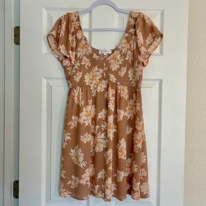 Pink Rose Dress Large Brown Floral Smocked Babydoll Boho Cottagecore Coquette